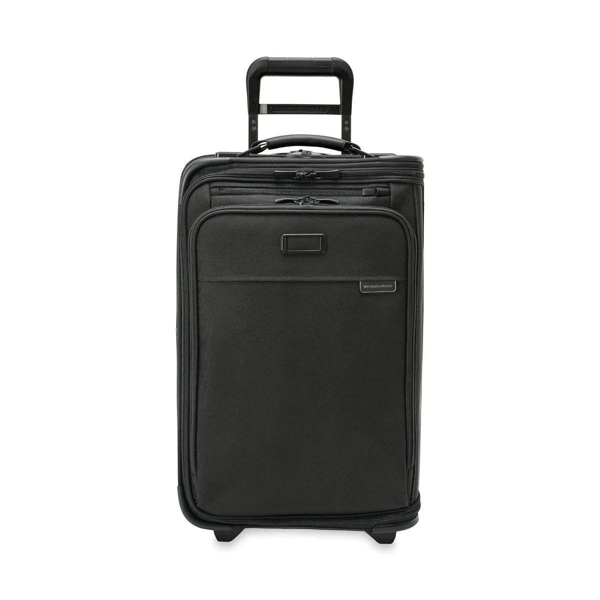 The Briggs and Riley Baseline carry-on garment bag in black ballistic nylon with two wheels and a telescoping handle