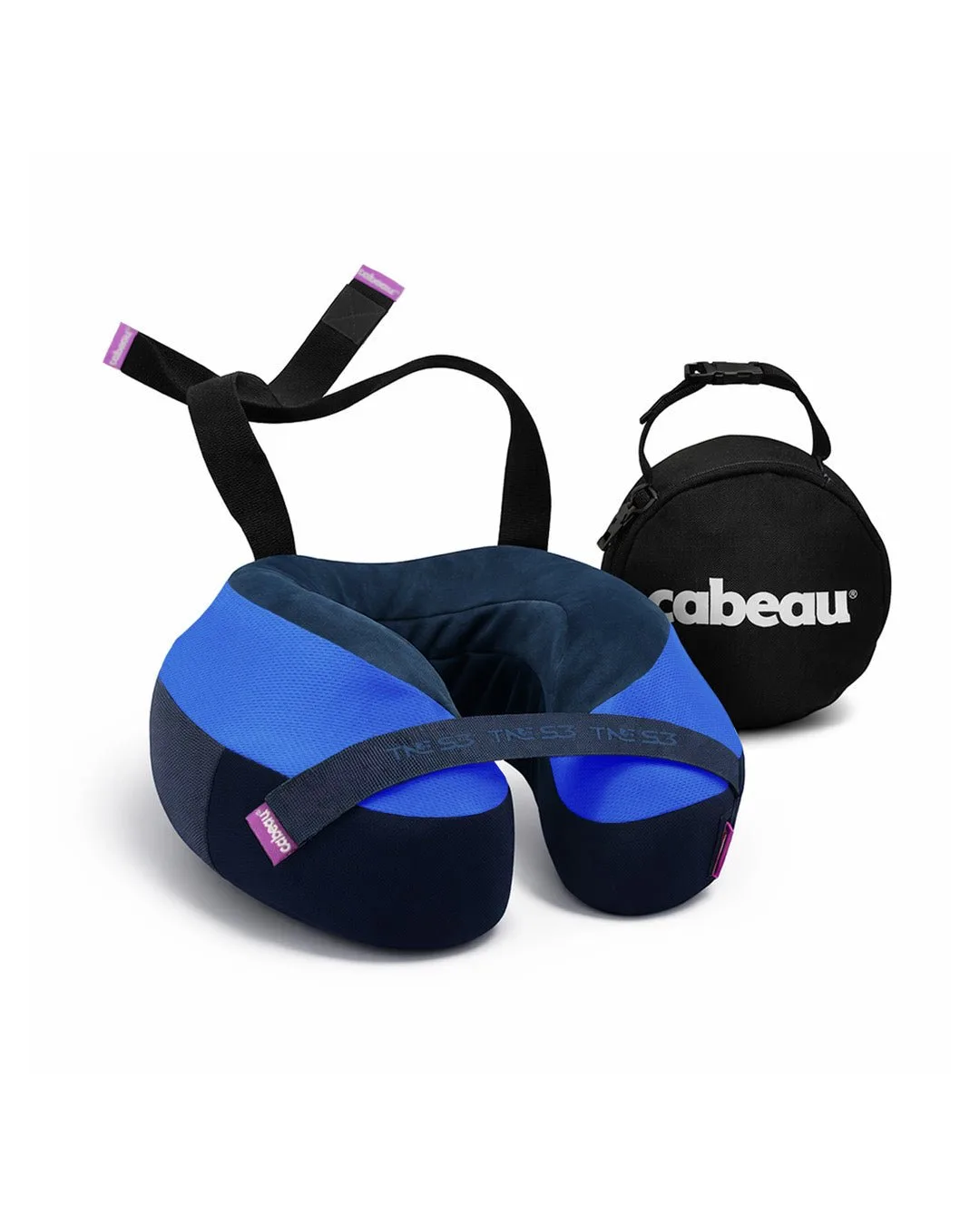 The Cabeau Evolution S3 neck pillow in blue with its front strap and round black carrying case