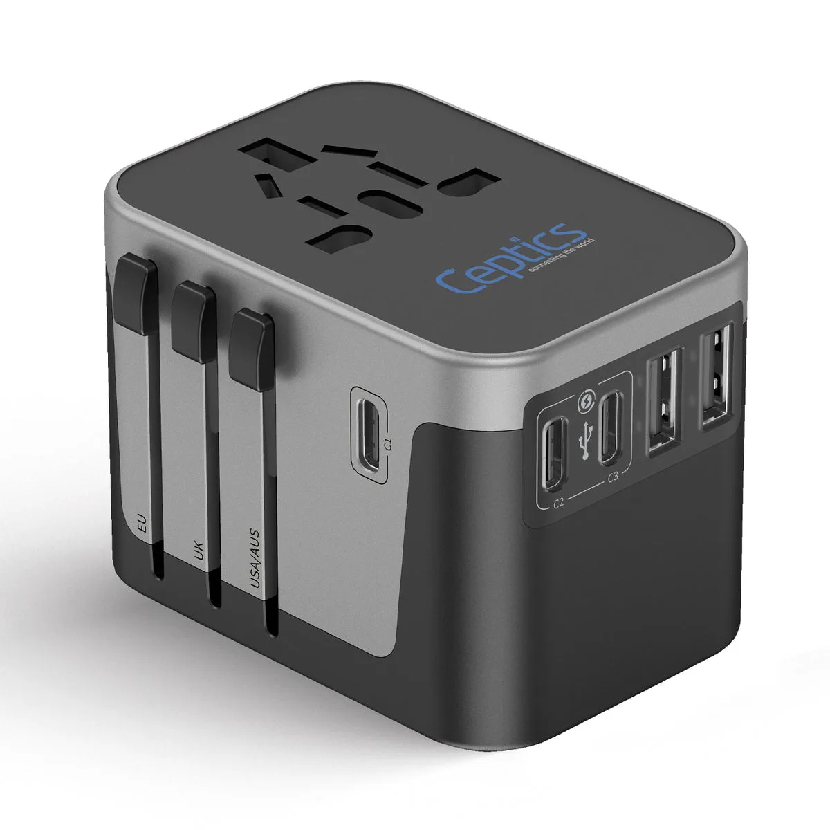 The Ceptics 30W 6-in-1 Universal Travel Adapter in black and silver, showing EU, UK, and USA/AUS sliders, a side USB-C port, and USB ports on the front