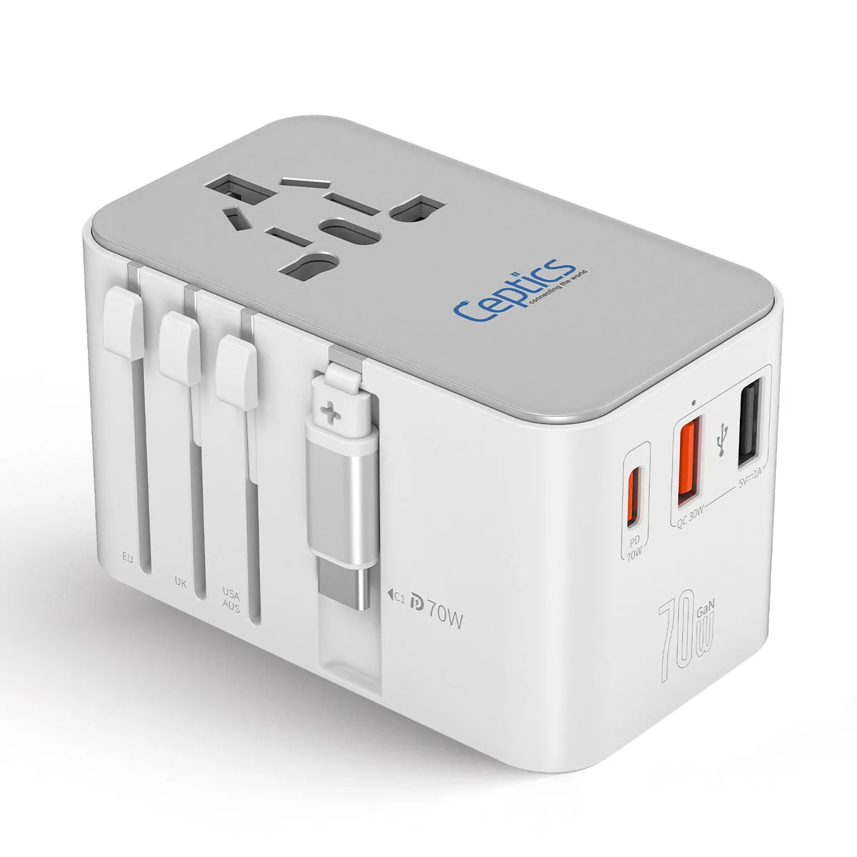 The Ceptics 70W Universal Travel Adapter in white, with its retractable USB-C cable extended and EU, UK, and USA/AUS plug sliders visible