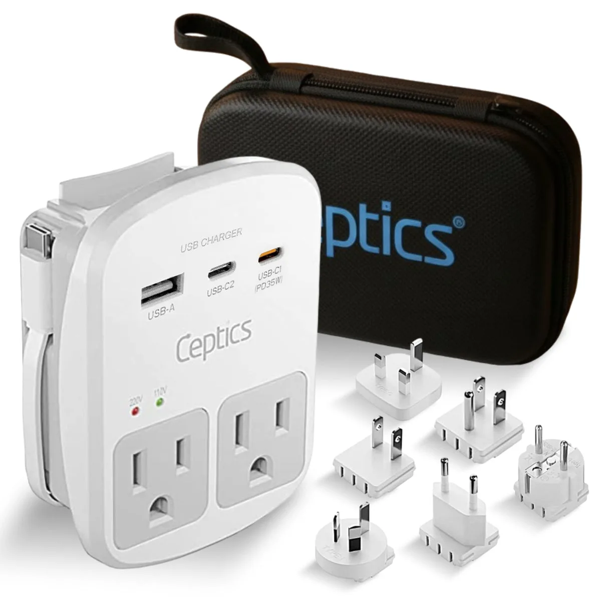 The Ceptics World-Way Travel Adapter Kit with its white two-outlet charging block, six interchangeable plug attachments, and black zip case