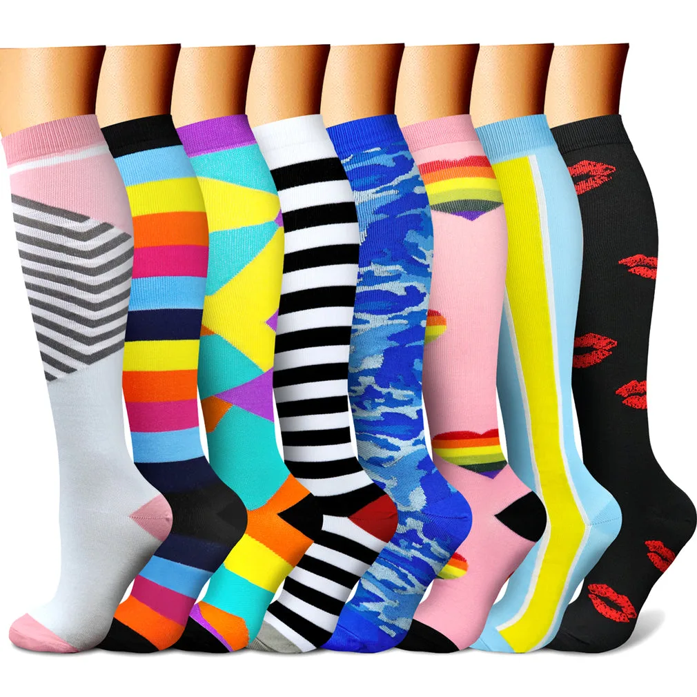 Eight pairs of patterned Charmking knee-high compression socks shown on legs in a row