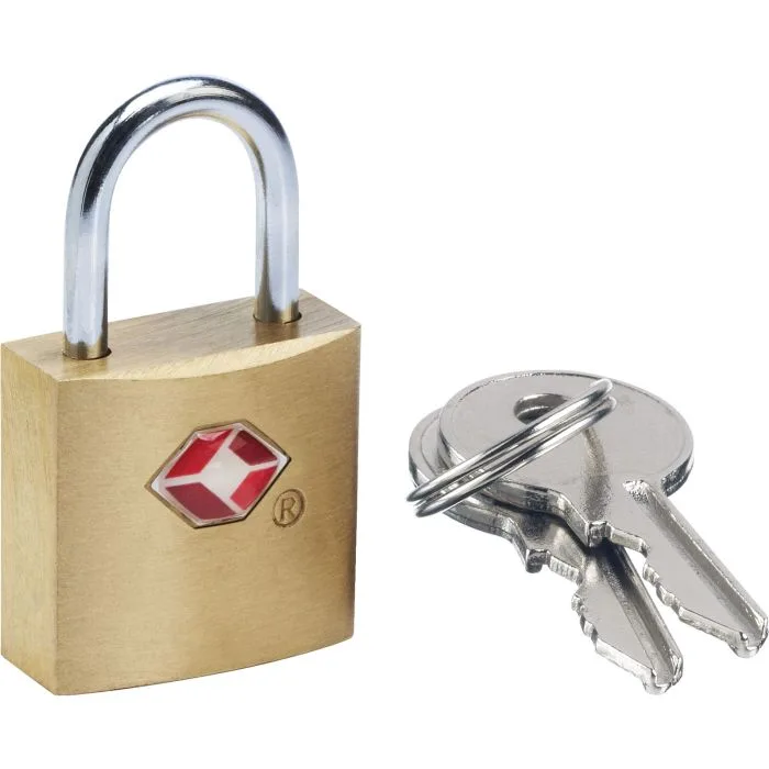 A small brass Design Go keyed padlock with a red Travel Sentry diamond and two keys