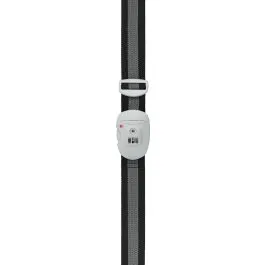 A black Design Go luggage strap with a combination TSA lock buckle