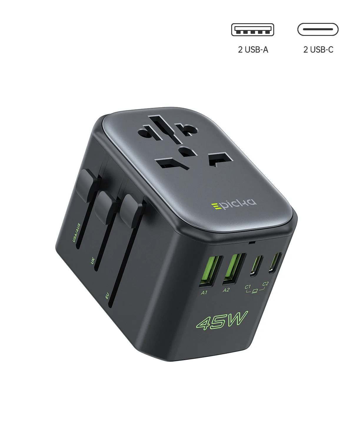 The Epicka Pulse 45W travel adapter in black, showing its beveled edges, plug sliders, two USB-A and two USB-C ports, and 45W marking