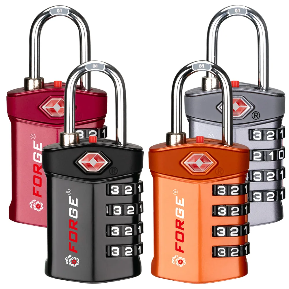 Four Forge Open Alert combination padlocks in red, black, orange, and gray, each with a red alert button and Travel Sentry diamond