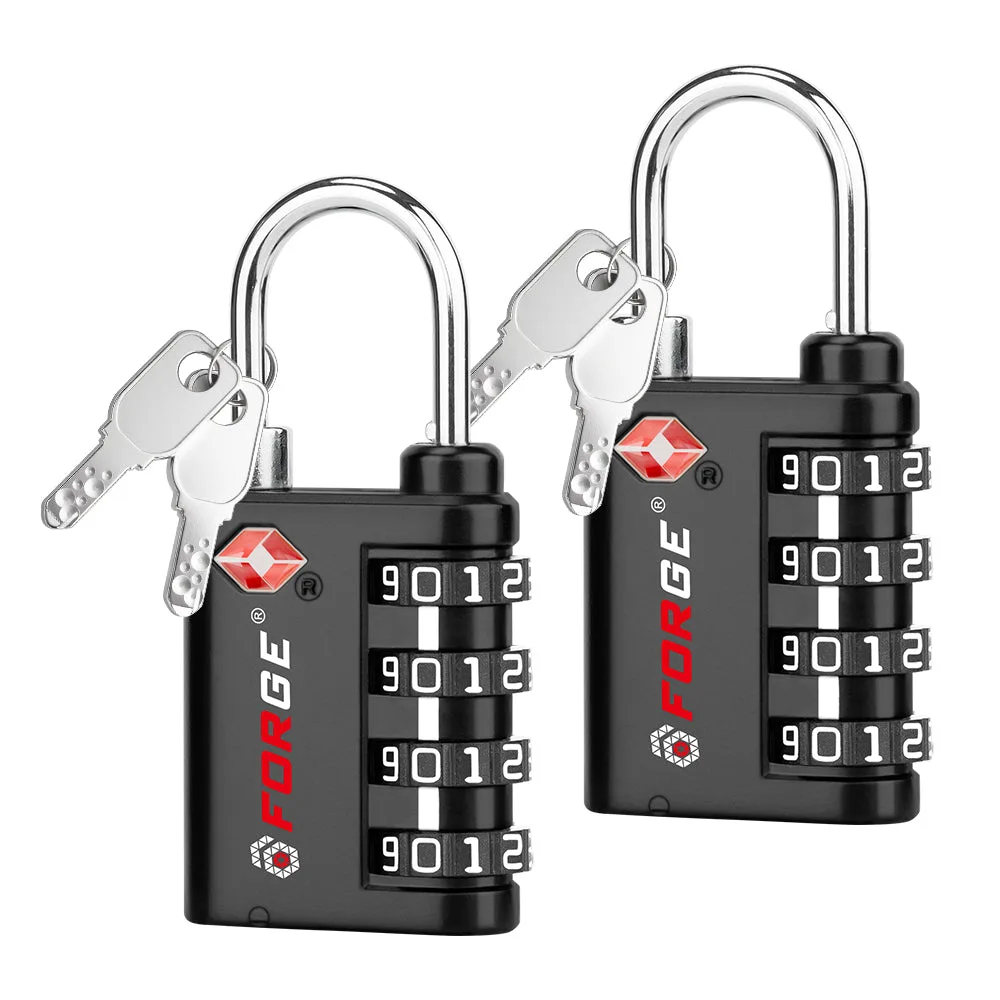 Two black Forge OX Edge heavy-duty combination padlocks with thick shackles and Travel Sentry diamonds
