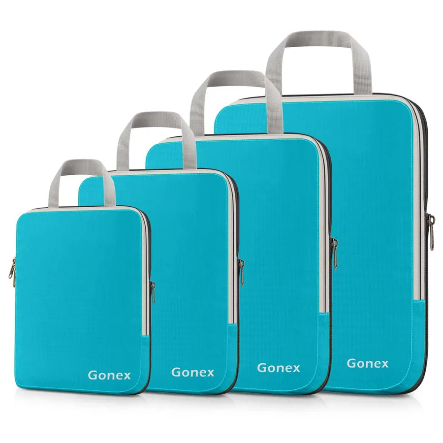 The Gonex Compression Packing Cubes four-piece set in teal, four expandable cubes with grey handles lined up by size