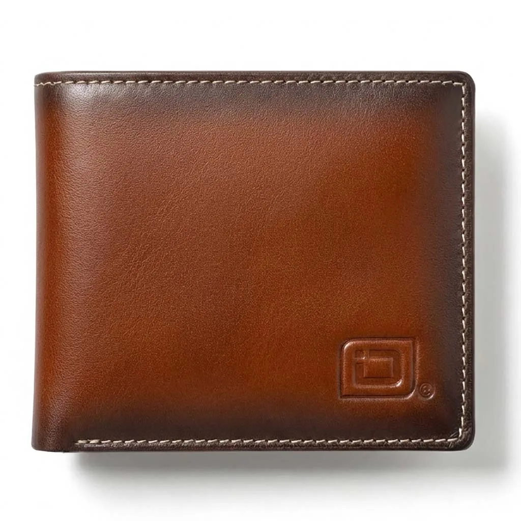 Brown leather ID Stronghold bifold wallet with the embossed iD Stronghold logo