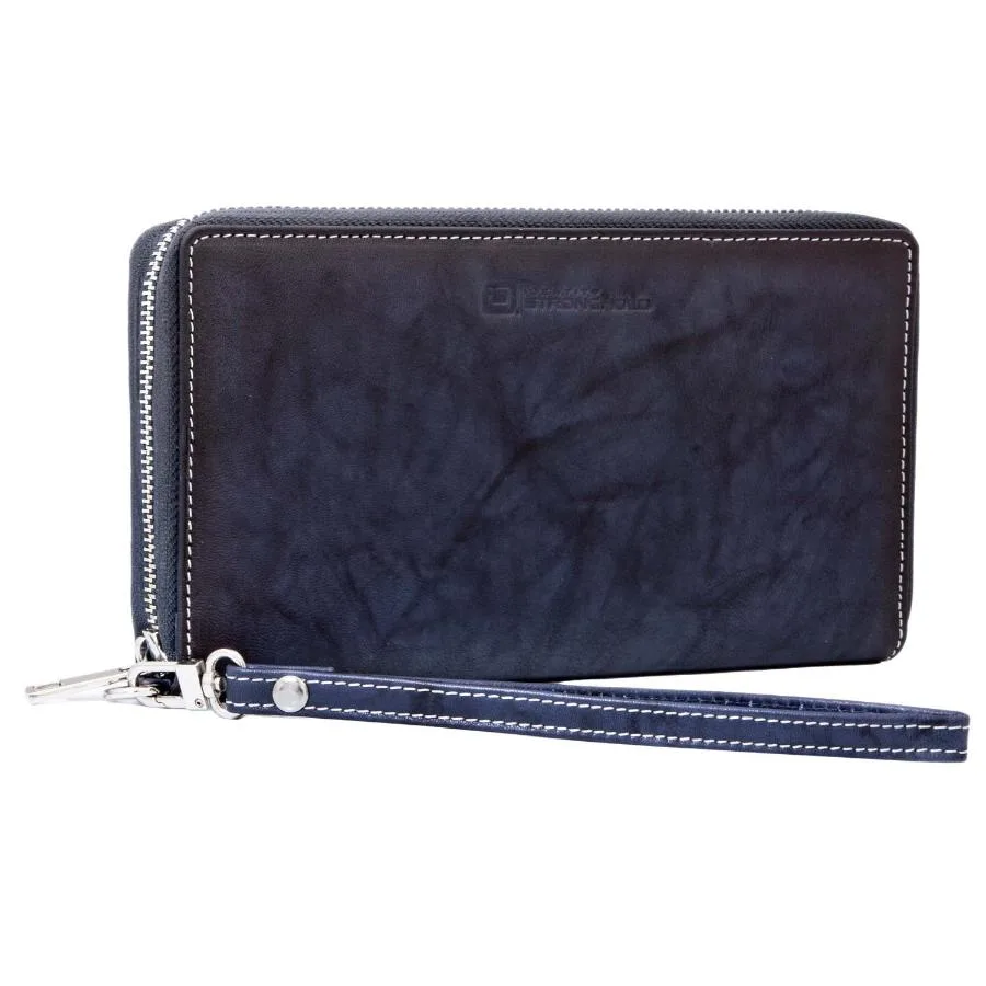 Navy blue leather ID Stronghold zip-around clutch with a wrist strap