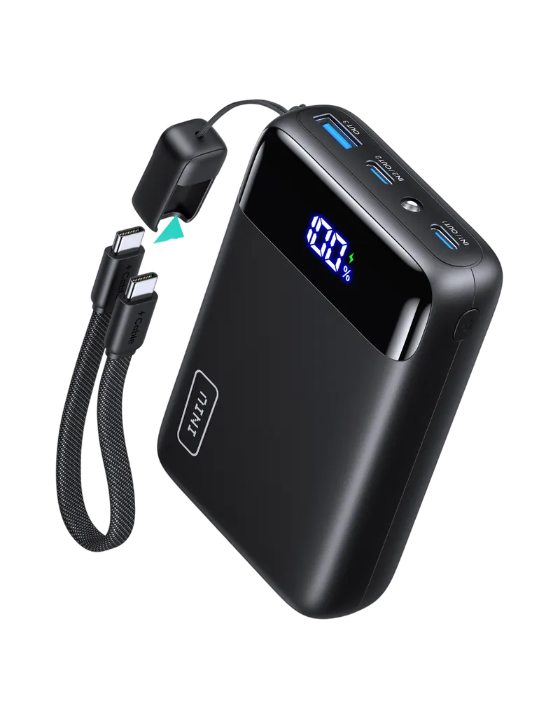 The INIU P512 power bank in black, a compact slab with an LED percentage display, three ports, and a detachable braided USB-C cable clipped to the top