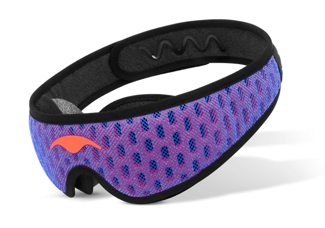 The Manta PRO Sleep Mask in purple breathable mesh with black straps and the orange Manta logo