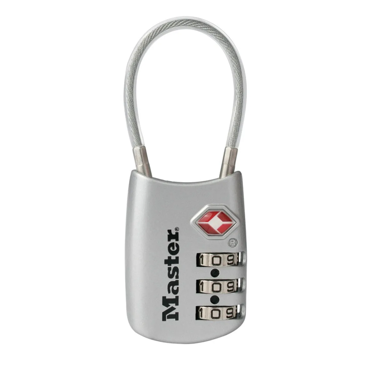 A silver Master Lock 4688D combination padlock with a braided steel cable shackle and a red Travel Sentry diamond