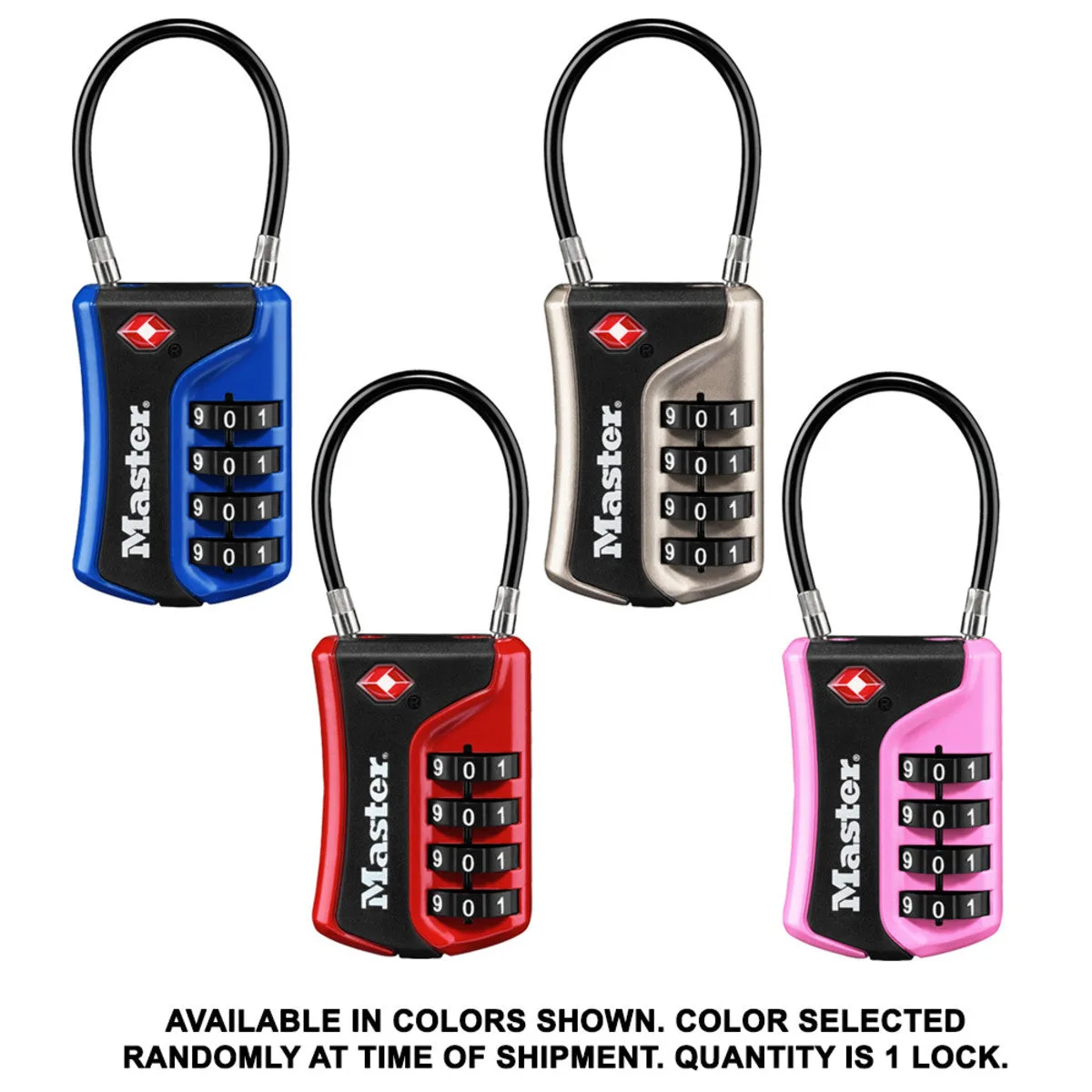 A set of Master Lock 4697D combination padlocks in blue, tan, red, and pink, each with a flexible shackle and Travel Sentry diamond