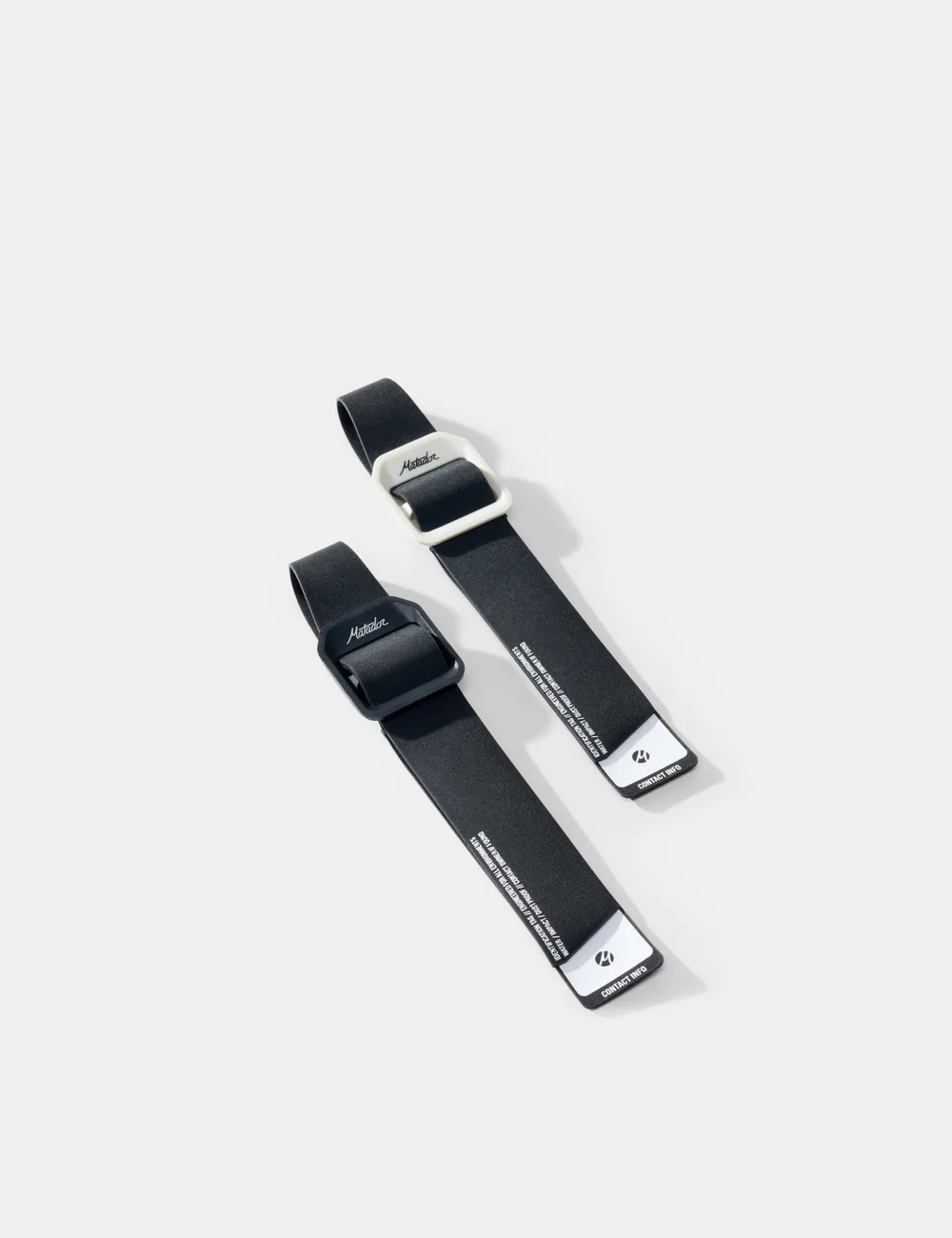 Two black Matador Gear Tags made from weatherproof Hypalon with polycarbonate buckles