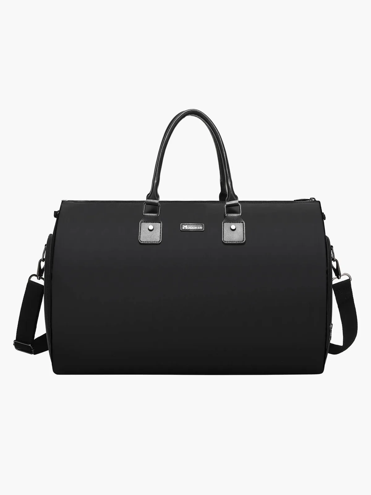 The Modoker convertible garment duffel bag in black, a 2-in-1 bag that folds from a hanging garment bag into a weekender duffel