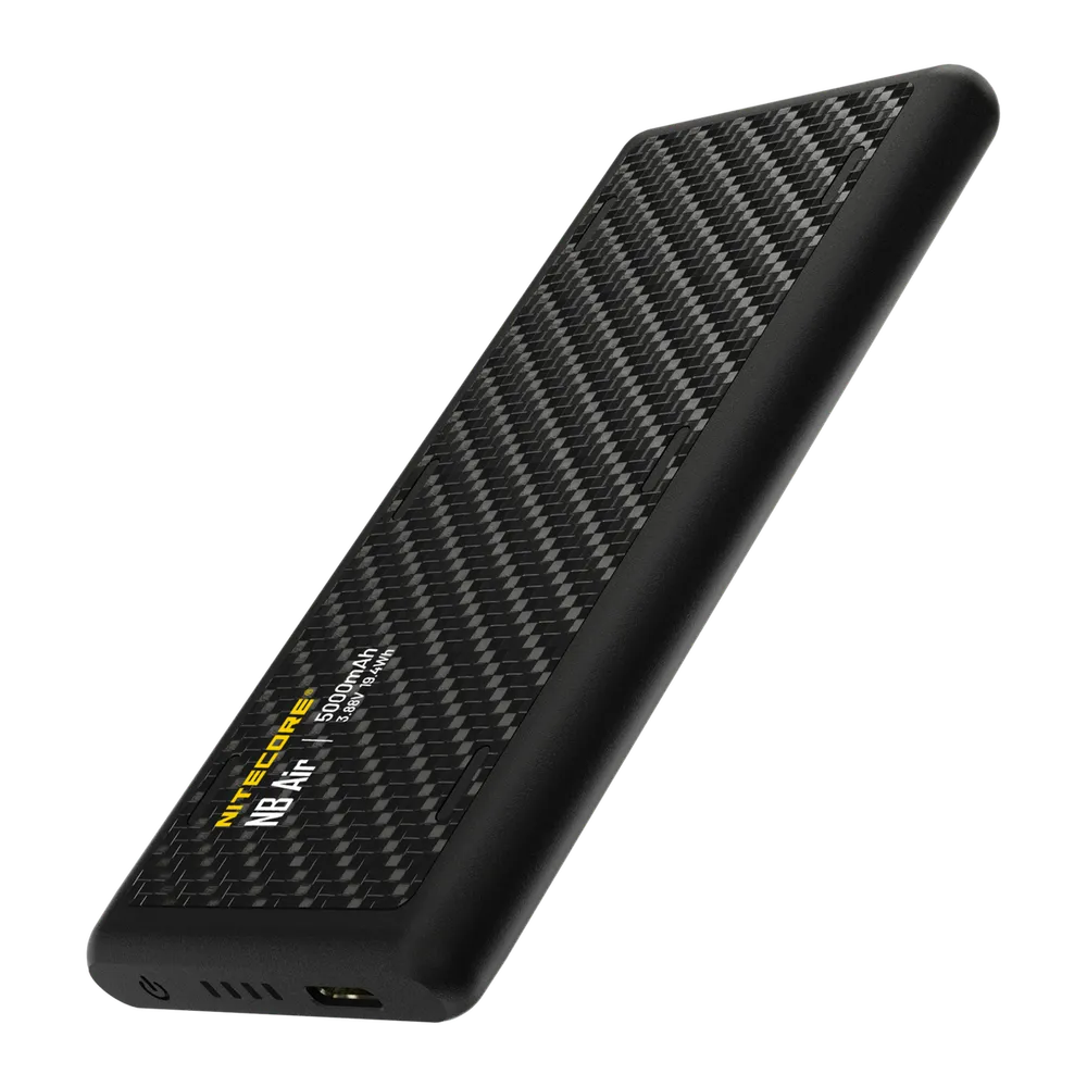 The Nitecore NB Air power bank in black, an ultra-slim carbon-textured card printed with 5000mAh 3.88V 19.4Wh and a single USB-C port
