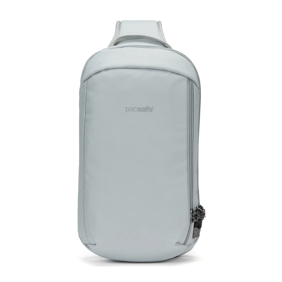 The Pacsafe V Tech Anti-Theft Sling Pack in digital gray, shown upright from the front