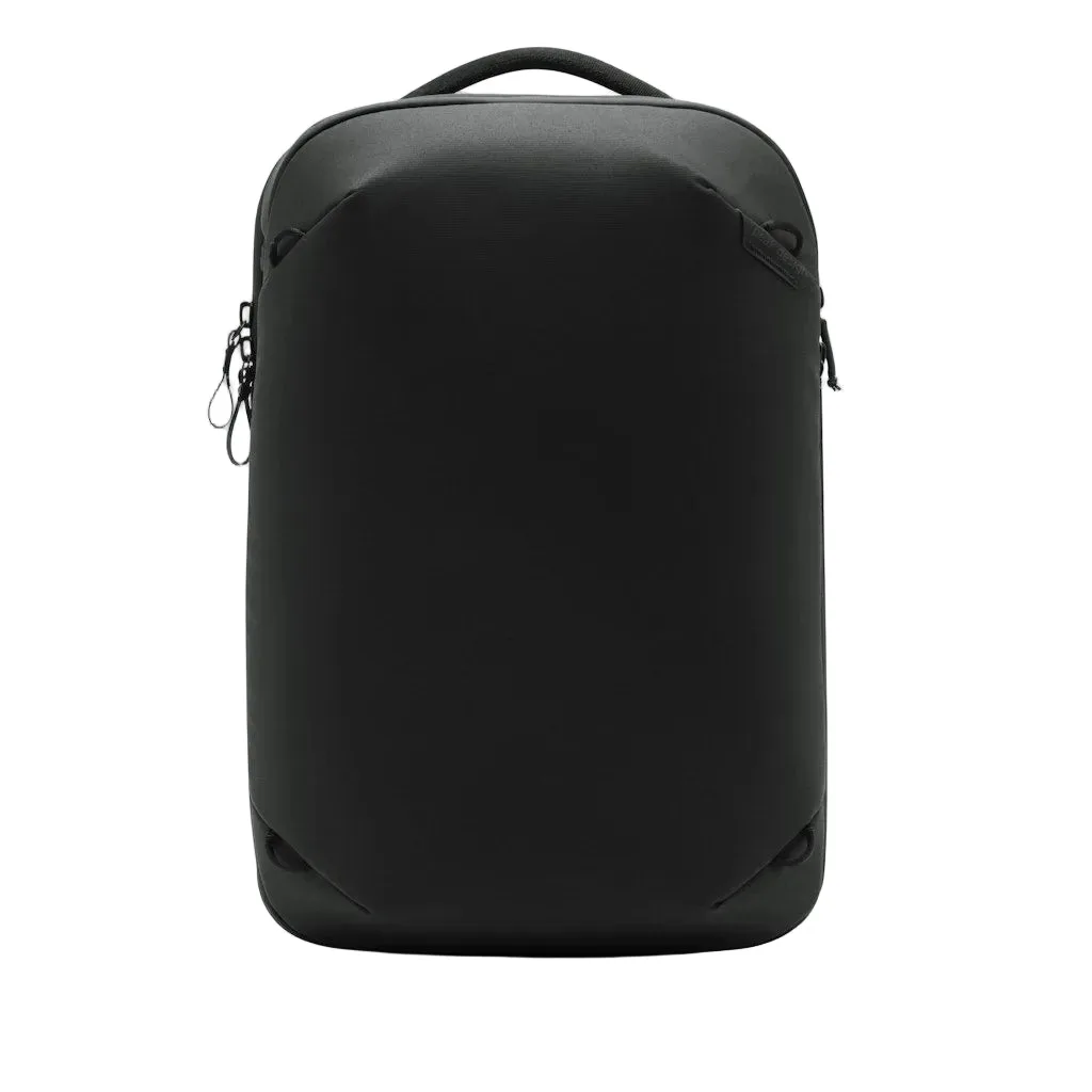 The Peak Design Travel Backpack in black, a structured travel pack with weatherproof zippers shown from the front
