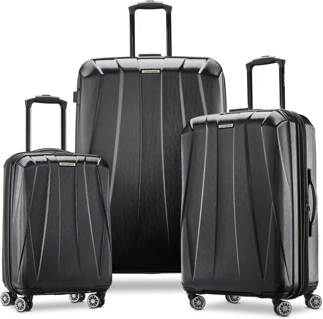 A three-piece Samsonite Centric 2 hardside spinner set in black, nested carry-on, medium, and large checked bags