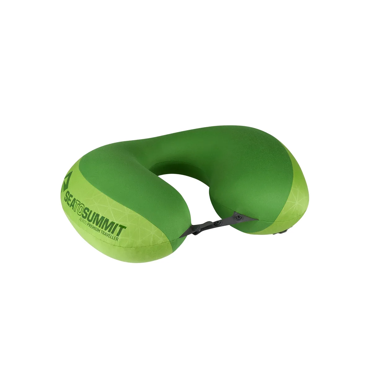 The green Sea to Summit Aeros Premium Traveller inflatable neck pillow with its front toggle closure