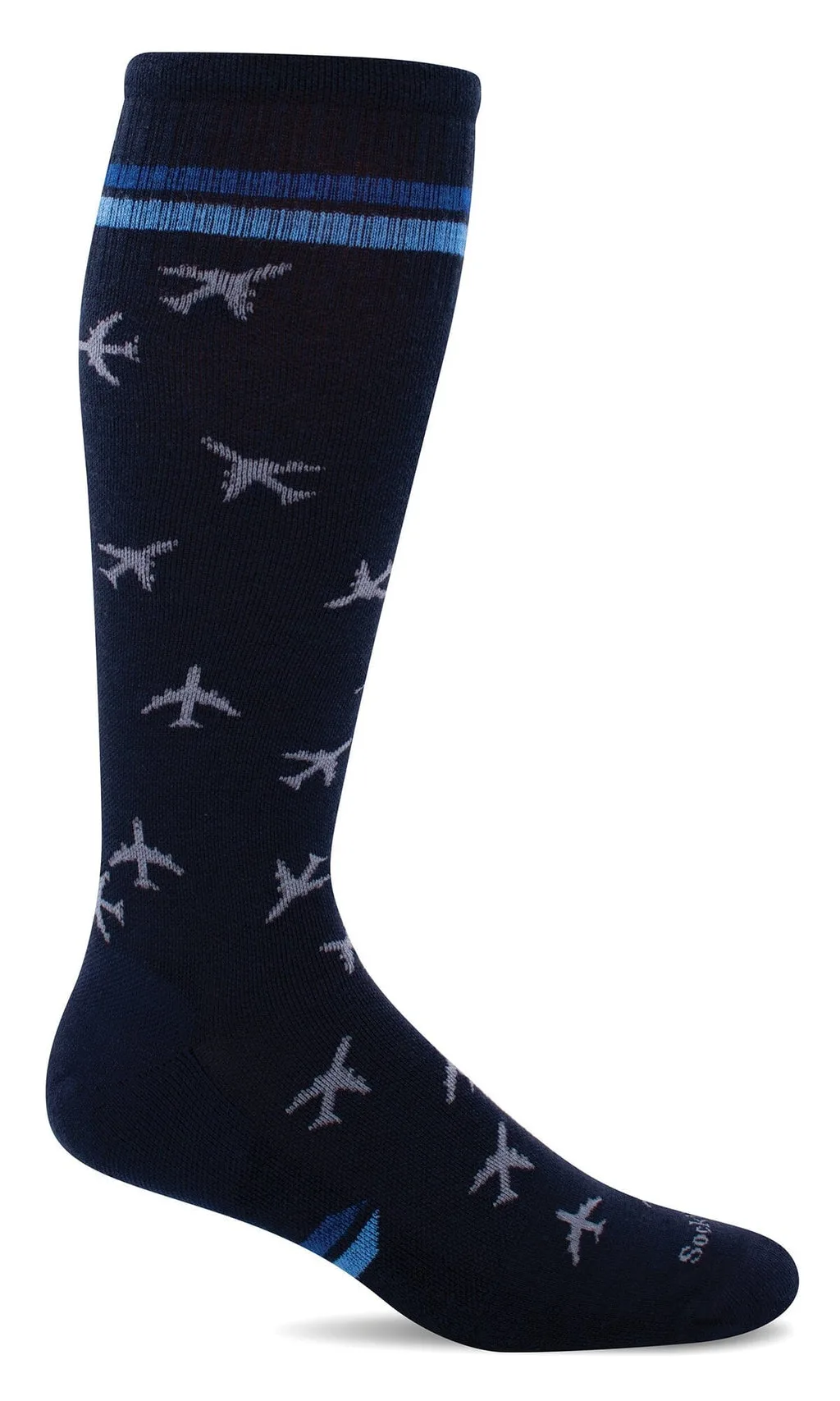 Navy Sockwell In Flight compression socks with a small airplane pattern