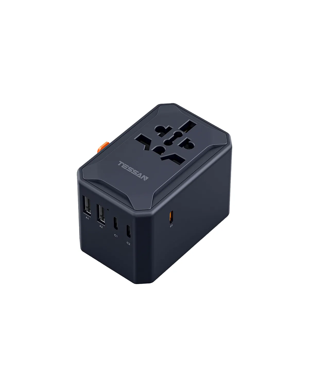 The Tessan GaN 65W Universal Travel Adapter in black, showing the universal outlet on top and two USB-A and three USB-C ports on the front
