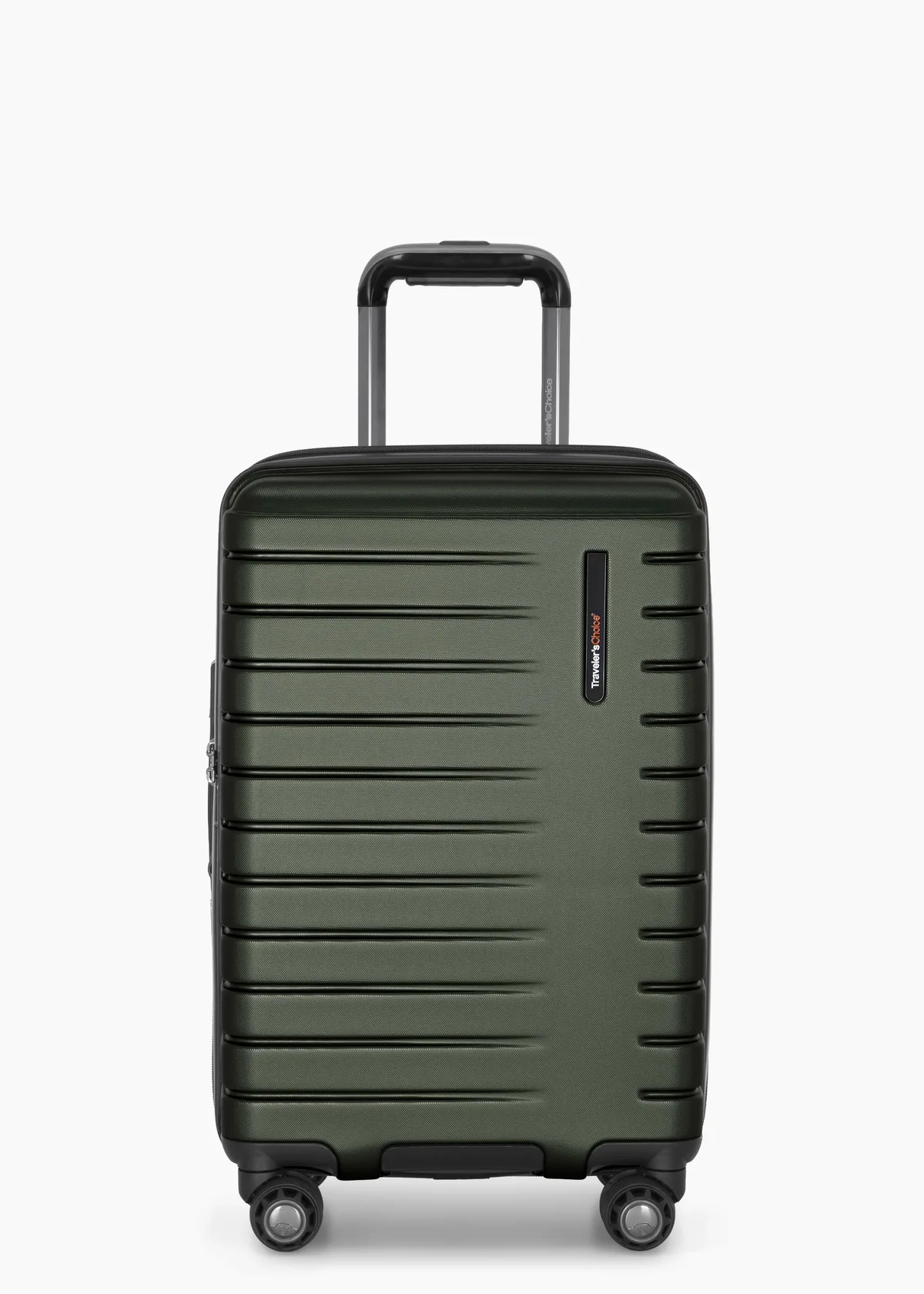 The Traveler's Choice Archer Carry-On in olive green, a ribbed polycarbonate hardside spinner with a telescoping handle and four spinner wheels