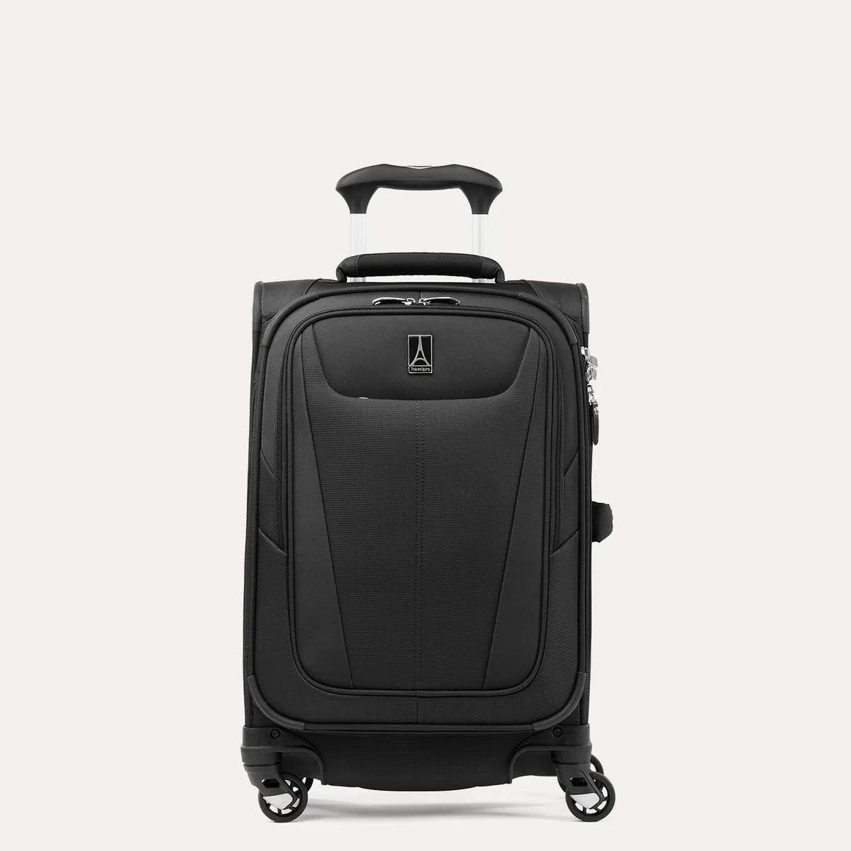The Travelpro Maxlite 5 carry-on spinner in black, a lightweight softside bag with a front pocket and four spinner wheels