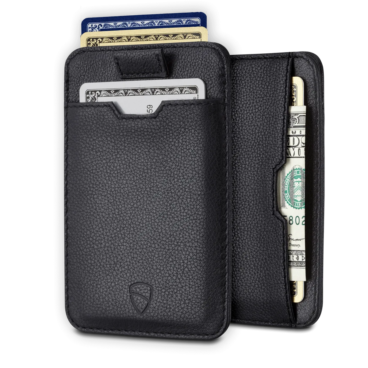 Black leather Vaultskin Chelsea card holder holding several cards and folded cash