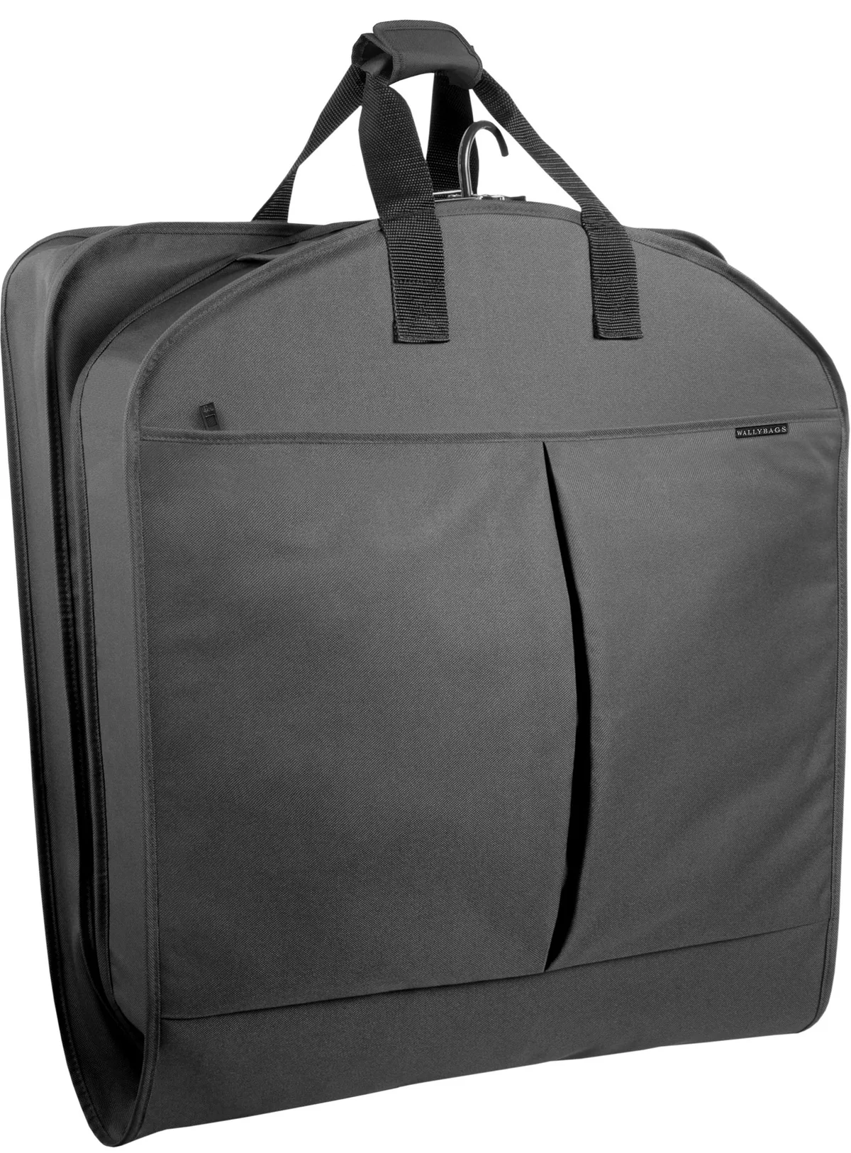 The WallyBags 45-inch deluxe travel garment bag in black, a folding hanging garment bag with accessory pockets